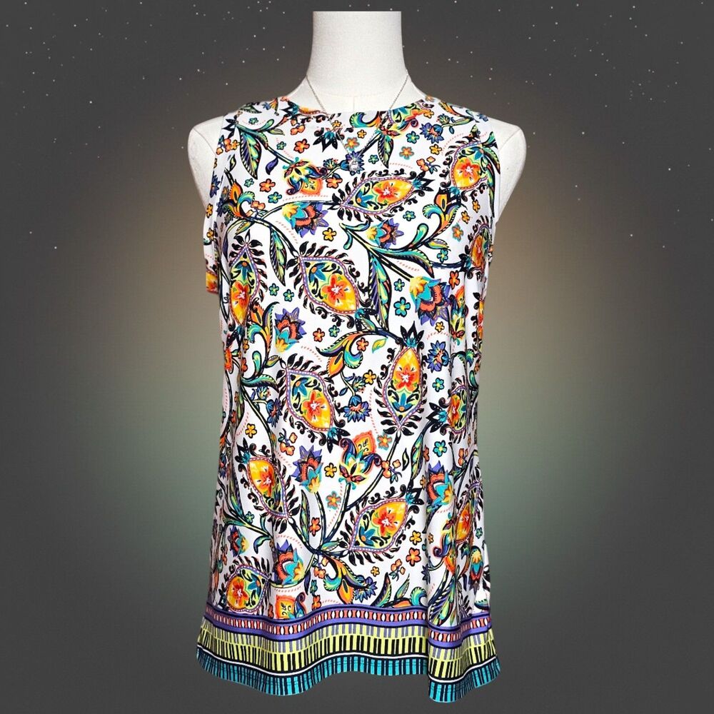 HAUS New York Womens M edium Top White Boho Paisley Colorful Sleeveless Flowy